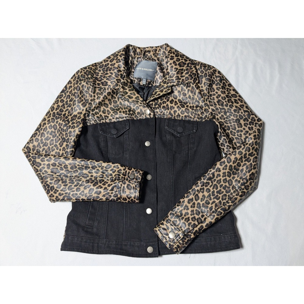 KATE‎ & MALLORY Women Size XS Black Leopard Mixed Material Denim Trucker Jacket